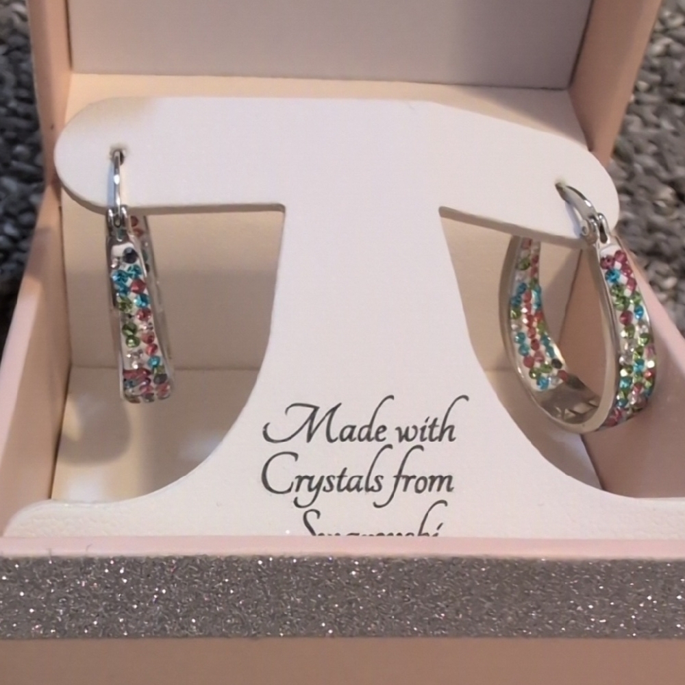 Silver U Shaped Hoop Earrings with Multicolor Crystals - Picture 1 of 7